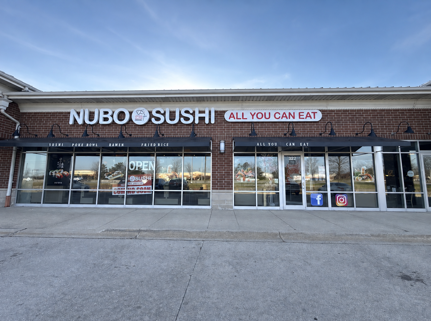 The Nubo Sushi storefront on Randall Road in South Elgin, Illinois, with its all-you-can-eat sign.