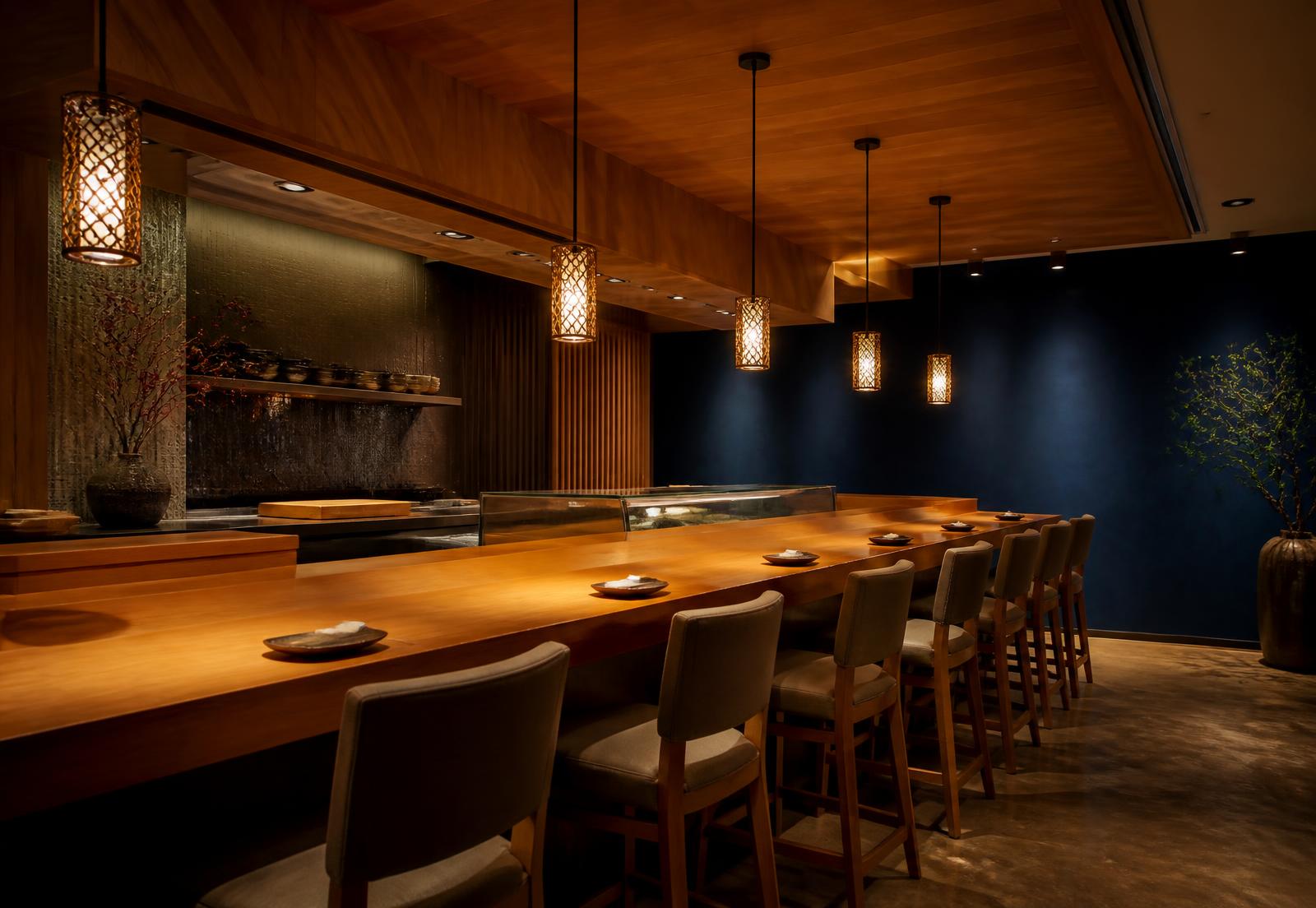 Interior of Nubo Sushi's counter and dining room.